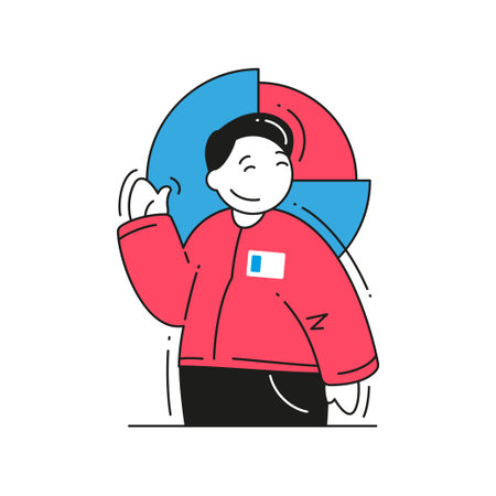 Happy success male manager office employee performing report presentation with chart diagram profit growth vector flat illustration. Business man analyzing graph corporate project strategy developmentのイラスト素材