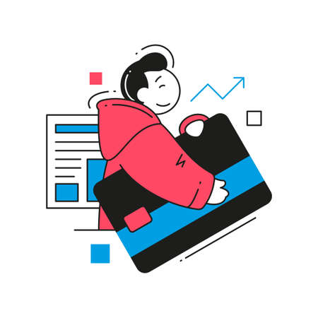 Happy business man carrying briefcase with documents celebrating success profit increase arrow vector flat illustration. Male boss professional leader student enjoying career growth change job firedのイラスト素材