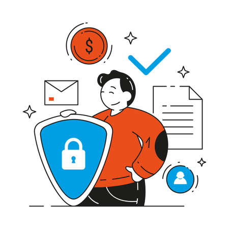 Money, document, personal account, information protection and security concept. Happy business man with locked shield banking financial safety vector flat illustration. Privacy secure service isolatedのイラスト素材
