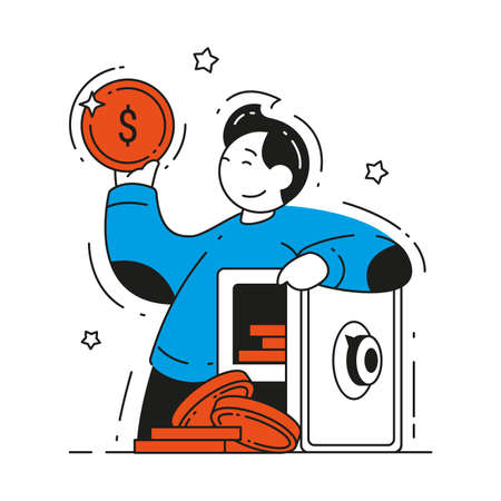 Happy rich man putting cash coin dollar in metallic safe banking account deposit protection vector flat illustration. Business male money financial safety, secure savings isolated. Currency storageのイラスト素材