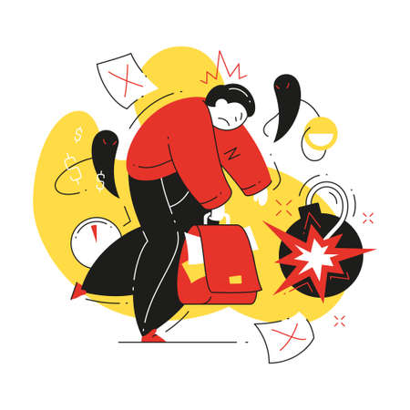 Unhappy tired male employee going to hate work with briefcase vector flat illustration. Sad unsatisfied burnout career man feeling stress desperate and depressed isolated. Overloaded office workerのイラスト素材