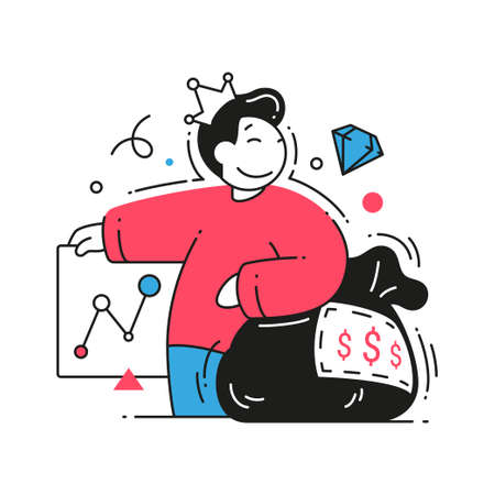 Rich man in crown performing graph scheme profit wealth growth with sack of cash money dollar and gem vector flat illustration. Business male enjoying financial independence chart report analyzingのイラスト素材