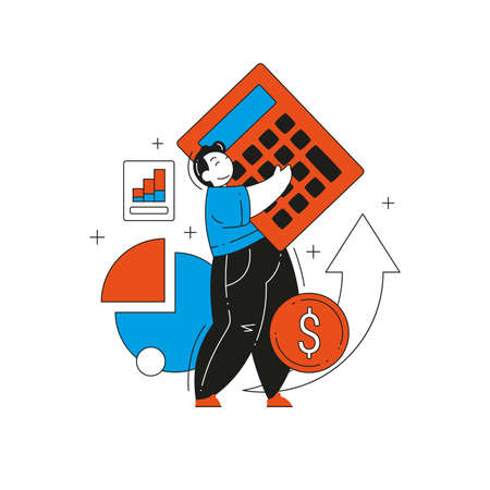 Male accountant with calculator analyzing graph profit growth with arrow up vector flat illustration. Balance accounting, calculating, finance analyst, financial consulting idea. Bookkeeping serviceのイラスト素材