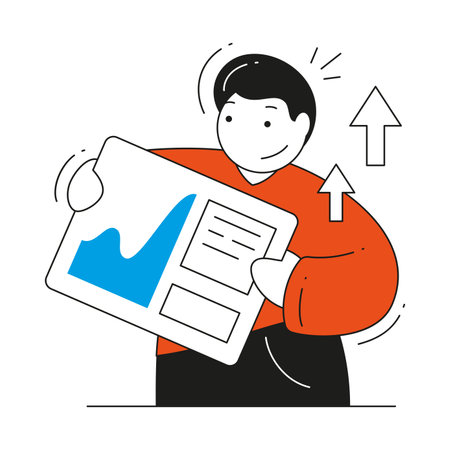 Male manager performing business report successful marketing campaign strategy profit successful development vector flat illustration. Positive trend wealth graph diagram with arrow upのイラスト素材