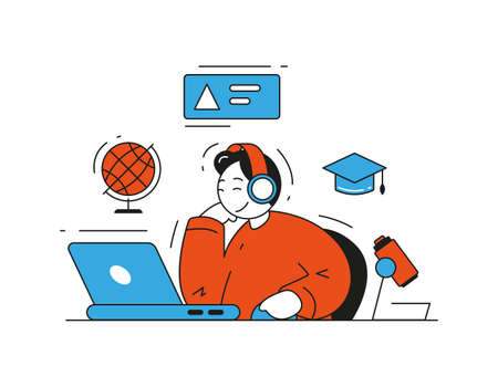 Man student in headphones digital education watching webinar online classes use laptop vector flat illustration. Male pupil distance self development e learning lessons internet app web technologyのイラスト素材