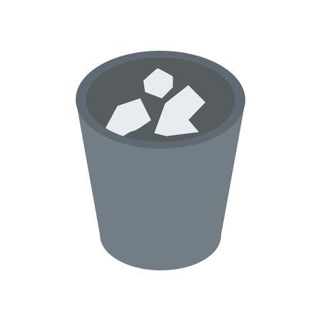 Classic gray metallic or plastic office wastebasket with crumpled paper documents sheets isometric vector illustration. Container for rubbish junk storage trash waste bin business garbage isolatedのイラスト素材