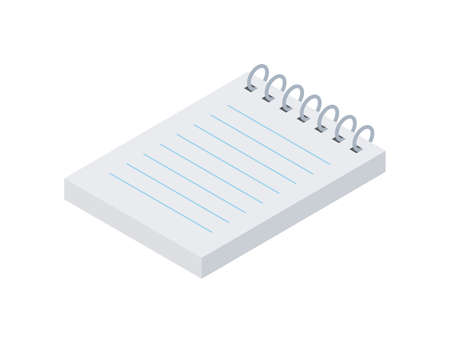 Paper notebook on spring with lines isometric vector illustration. Open business notebook for making notes writing text message and letter isolated. Office stationery supplies for quick tipsのイラスト素材