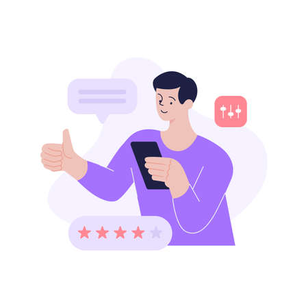 Minimalist man making quality review evaluation service or product at online application use smartphone vector flat illustration. Male customer typing internet feedback experience opinion satisfactionのイラスト素材