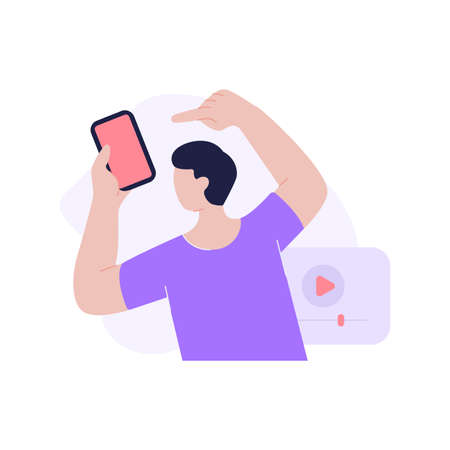 Minimalist faceless male enjoying online multimedia entertainment content use smartphone vector flat...