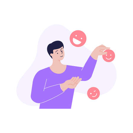 Modern man social networks user commenting smiley enjoy remotely communication vector flat illustration. Male customer funky multimedia global conversation relationship management isolatedのイラスト素材