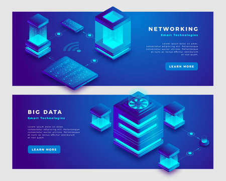Network and big data concept. Landing page banner template. 3d isometric vector illustration.のイラスト素材