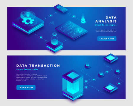 Data analysis and transaction concept. Landing page banner template. 3d isometric vector illustration.のイラスト素材