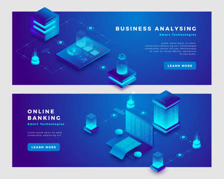 Online banking and business analysis concept. Landing page banner template. 3d isometric vector illustration.のイラスト素材