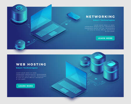 Networking and data web hosting concept. Landing page banner template. 3d isometric vector illustration.のイラスト素材