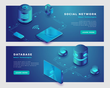 Social network and database concept. Landing page banner template. 3d isometric vector illustration.のイラスト素材