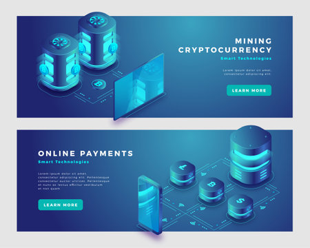 Mining cryptocurrency and online payments concept. Landing page banner template. 3d isometric vector illustration.のイラスト素材