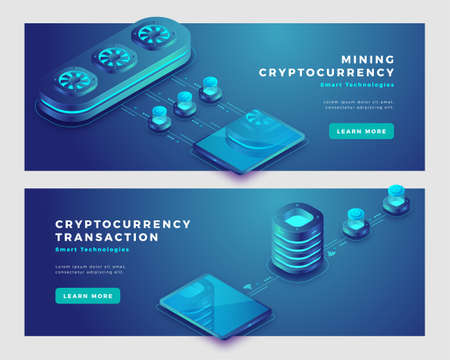 Mining cryptocurrency and transaction concept. Landing page banner template. 3d isometric vector illustration.のイラスト素材