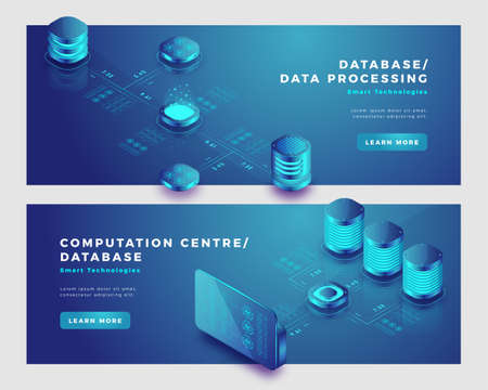 Data processing and database concept. Landing page banner template. 3d isometric vector illustration.のイラスト素材