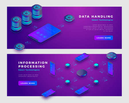 Data handling and information processing concept. Landing page banner template. 3d isometric vector illustration.のイラスト素材
