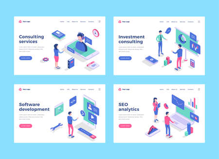 Business people characters interact with icons. Landing page templates. 3d isometric vector illustrations set.のイラスト素材