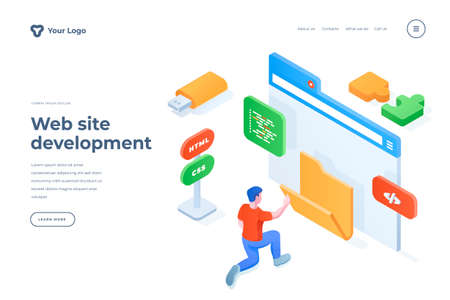 Website development isometric landing page template. Male programmer designing webpage interface cartoon character. HTML, CSS languages coding services promotional homepage design layouのイラスト素材