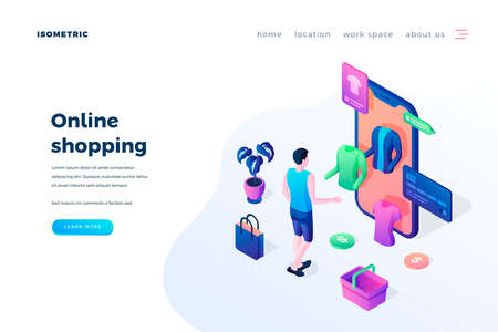 Online shopping landing page vector template. Internet clothing store website homepage interface idea with isometric illustration. Modern technology, e commerce web banner 3D cartoon conceptのイラスト素材