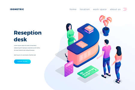 Reception desk landing page vector template. Hotel, bank website homepage interface idea with isometric illustrations. Customer service. Room booking, finances management web banner 3D cartoon conceptのイラスト素材