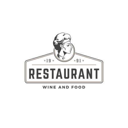 Restaurant logo template vector object for logotype or badge design. Trendy retro style illustration, chef woman giving food silhouette.のイラスト素材