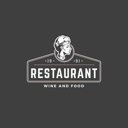 Restaurant logo template vector object for logotype or badge design. Trendy retro style illustration, chef woman giving food silhouette.のイラスト素材