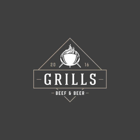 Barbecue logo template vector object for logotype or badge design. Trendy retro style illustration, grill silhouette.のイラスト素材