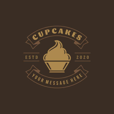 Bakery shop logo template vector object for logotype or badge design. Trendy retro style illustration, cupcake silhouette.のイラスト素材