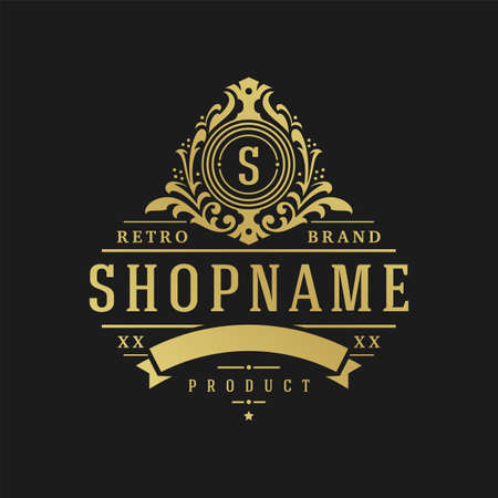 Luxury logo design template vector illustration. Victorian vignettes ornament shapes for logotype or badge design. Good for fashion boutique, alcohol or restaurant branding.のイラスト素材
