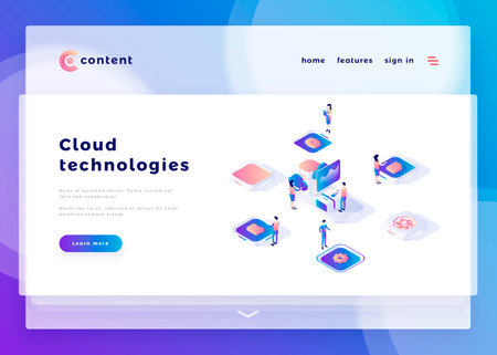 Cloud technology office people and interact with computers. Landing page template. 3d isometric vector illustration.のイラスト素材