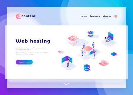 Web hosting office people and interact with computers. Landing page template. 3d isometric vector illustration.のイラスト素材