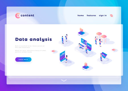 Data analysis office people and interact with computers. Landing page template. 3d isometric vector illustration.のイラスト素材