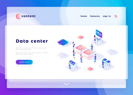 Data center office people and interact with computers. Landing page template. 3d isometric vector illustration.のイラスト素材