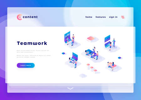 Teamwork office people and interact with computers. Landing page template. 3d isometric vector illustration.のイラスト素材
