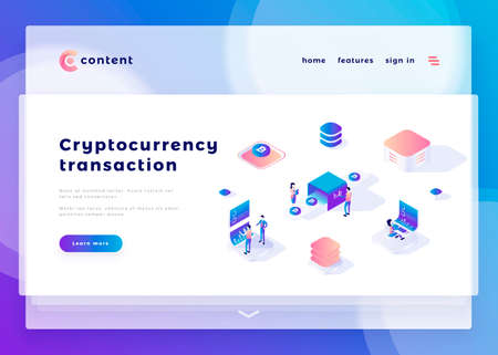 Cryptocurrency transaction office people and interact with computers. Landing page template. 3d isometric vector illustration.のイラスト素材
