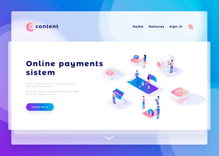 Online payments office people and interact with computers. Landing page template. 3d isometric vector illustration.のイラスト素材