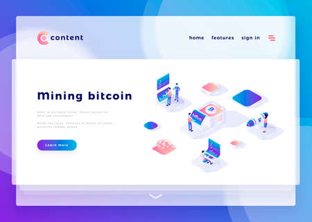 Mining bitcoin office people and interact with computers. Landing page template. 3d isometric vector illustration.のイラスト素材