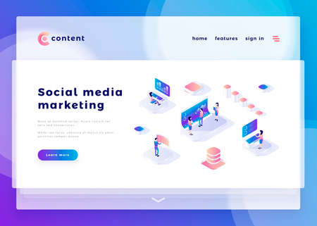 Social media marketing office people and interact with computers. Landing page template. 3d isometric vector illustration.のイラスト素材
