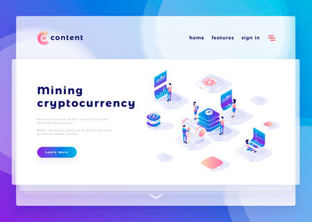 Mining cryptocurrency office people and interact with computers. Landing page template. 3d isometric vector illustration.のイラスト素材
