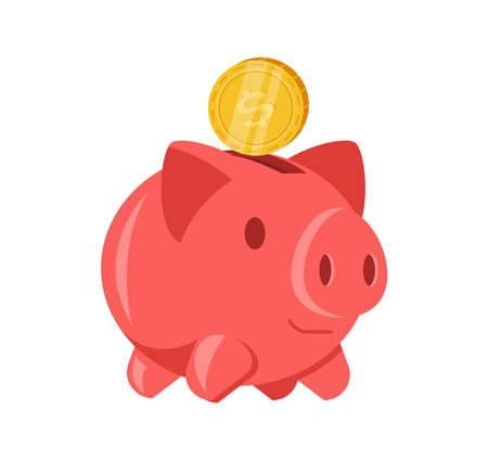 Funny pink piggy bank falling golden coin icon isometric vector illustration. Banking budget savings earnings economy investment financial retirement isolated. Deposit secure wealth income accountのイラスト素材