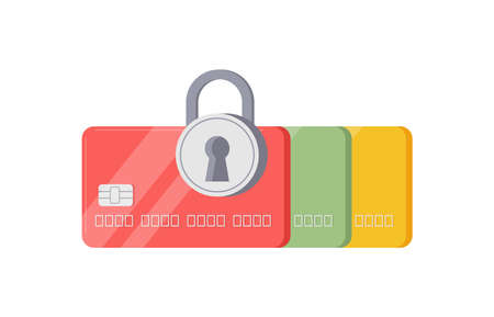 Personal bank credit card data information payment security with hanged lock icon isometric vector illustration. Financial payment safety protection e business contactless transaction checkoutのイラスト素材