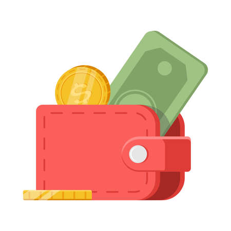 Pink wallet with cash money dollar paper currency and golden coins icon isometric vector illustration. Billfold with clasp for finance carrying and storage isolated. Accessory for shopping paymentのイラスト素材