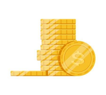 Stack glossy golden usd dollar coins isometric icon vector illustration. Pile gold treasure currency banking earnings commercial antique financial income. Heap precious prize casino fortune gameのイラスト素材