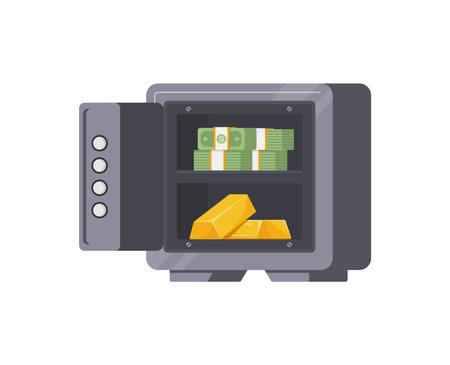 Metallic banking safe open door cash money dollar package and golden bar on shelves isometric icon vector illustration. Bank financial currency treasure secure protection. Savings, investment, budgetのイラスト素材