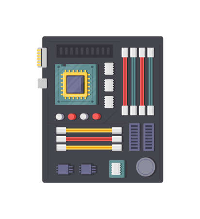 Computer motherboard chip electronic circuit board with processor isometric icon vector illustration. Technology data memory pc inside digital component isolated. Mainboard hardware detail equipmentのイラスト素材