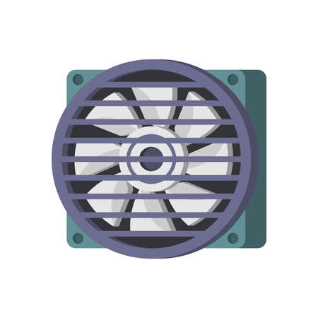 Computer processor cooling system with circle fan isometric icon vector illustration. PC hardware grid electric cooler temperature control with propeller ventilation. Power rotation air equipmentのイラスト素材