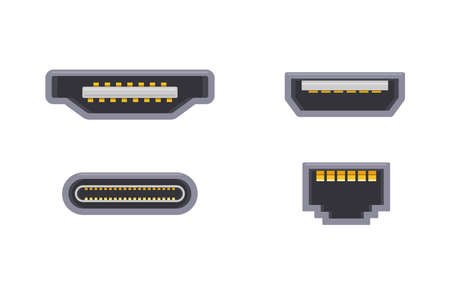 Collection cable connectors adapters USB chargers different shapes isometric icon vector illustration. Set input electronic power audio video device plug various type. PC connection digital equipmentのイラスト素材